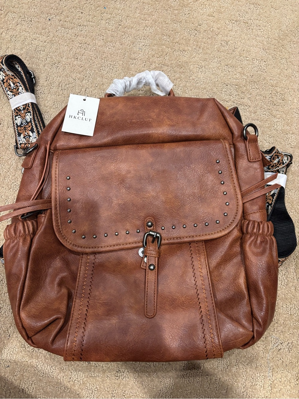 Brown Vegan Leather Backpack with Stud-Accent Flap